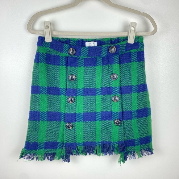J.O.A SET Plaid Fray Hem Mini Skirt. S small Green/blue abound plaid shirt - Picture 3 of 13